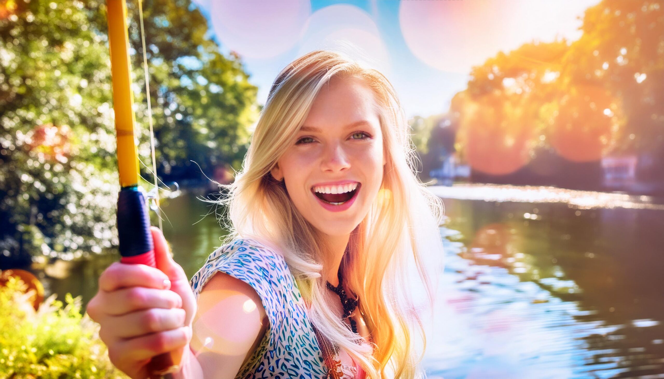 Eine junge blonde Frau die am Fluss in Norddeutschland angelt im Sommer und mit Sonne lacht SAKL Angelverein Lüneburg